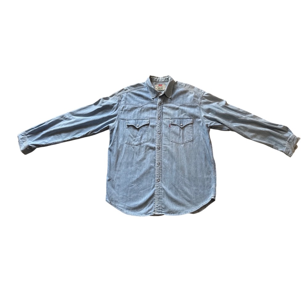 Levis Mens XL Light Wash Denim Western Snap Button Long Sleeve Shirt Blue - Picture 3 of 8